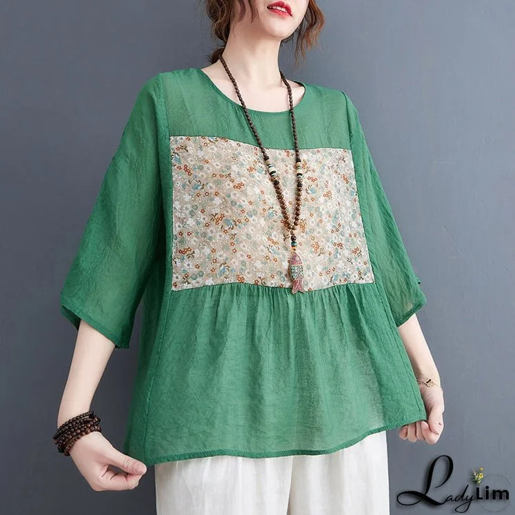 Bohemian Green O-Neck Print Tops Half Sleeve