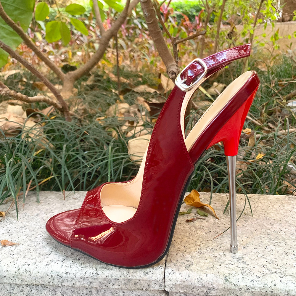 GOOSHOE 16cm Thin High Heels Sandals Pumps Peep Toe Slip On Cross Dresser Shiny Apricot Fetish SM Man Unisex Shoes