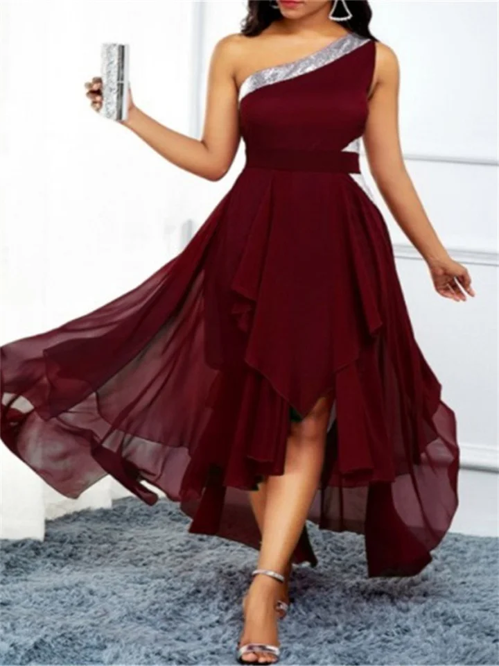 Summer Models Temperament Commuter Solid Color Single Shoulder Asymmetric Hem Fashion Sloping Shoulder Mid-waist Dress