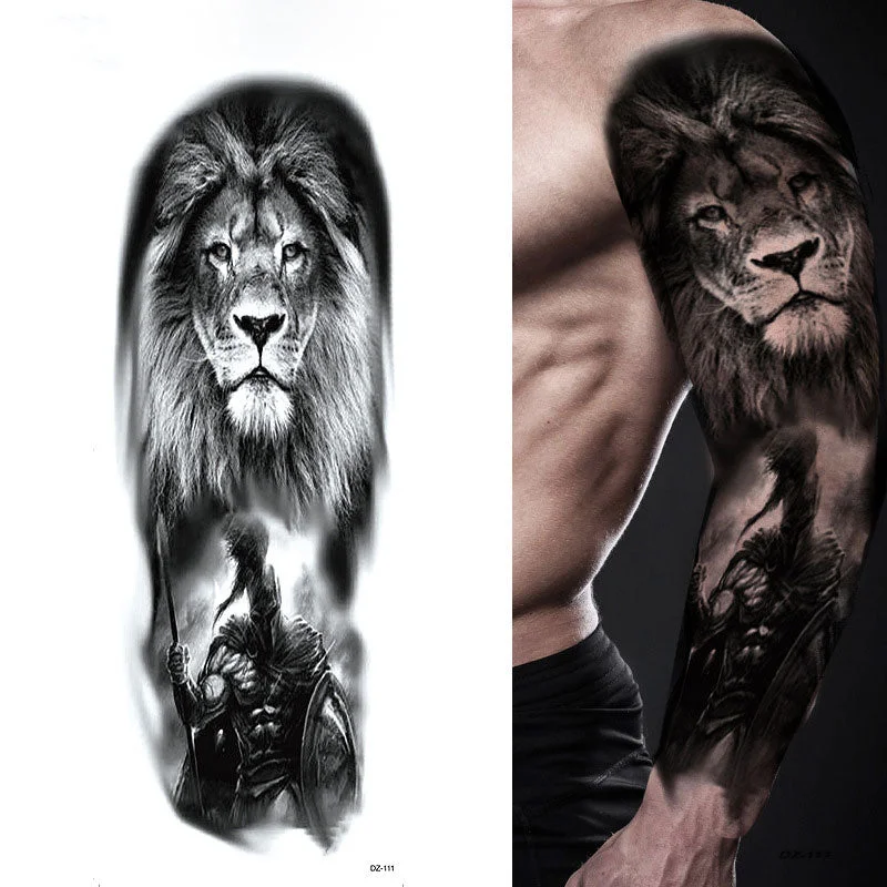 Large Full Arm Tattoo Lion Crown King Rose Waterproof Temporary Tatoo Sticker Wild Wolf Tiger Men Skull Totem Tattoo