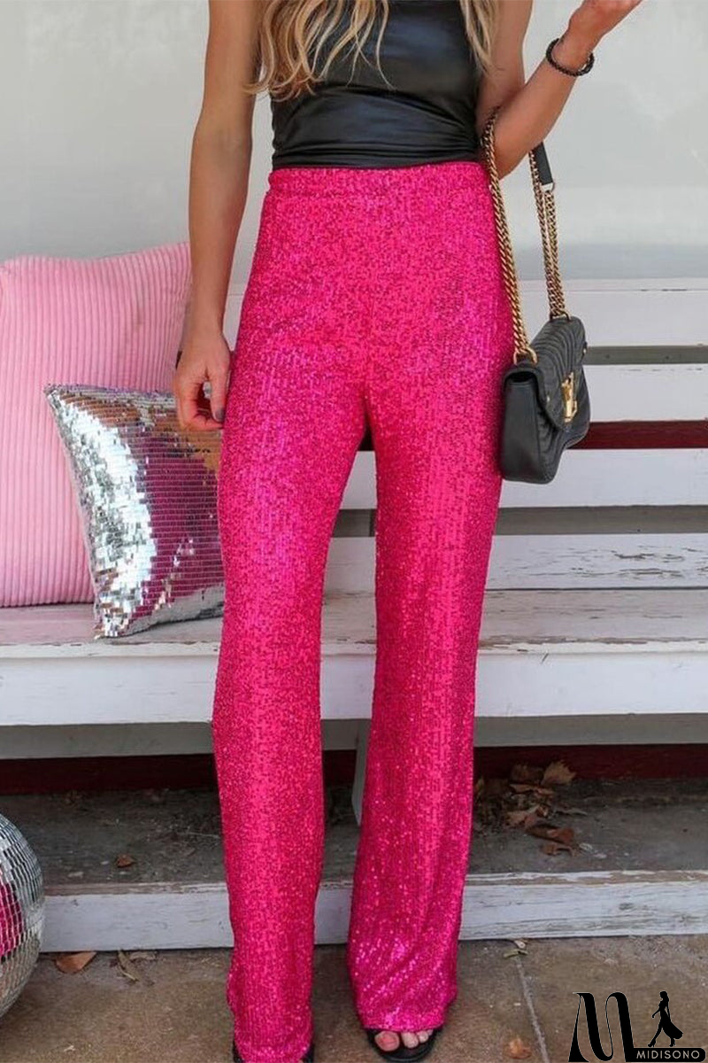 MidiSono - Casual British Style Solid Sequins Loose Low Waist Straight Solid Color Bottoms