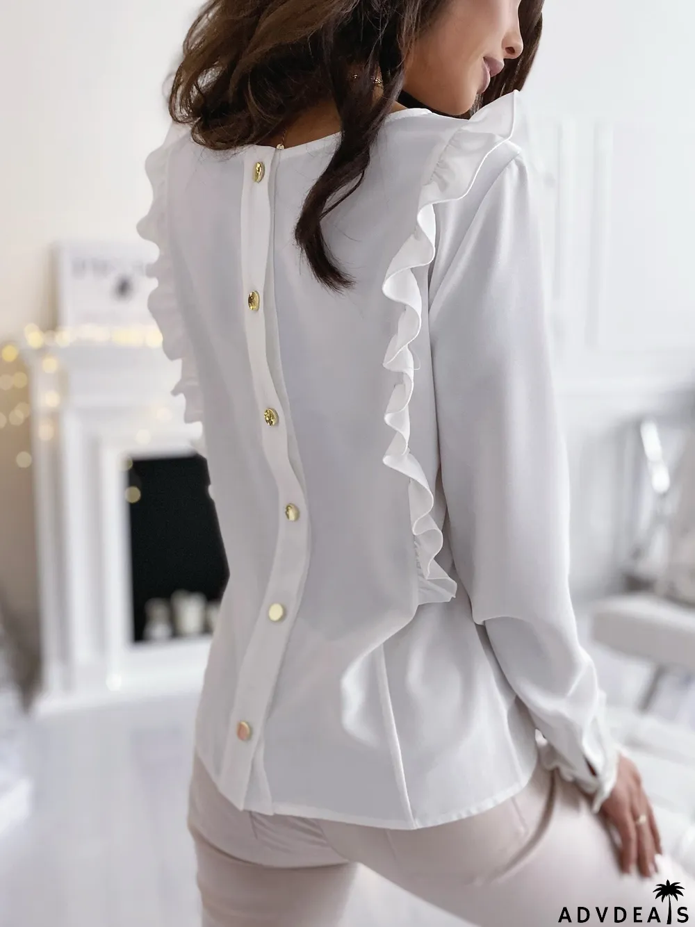 Autumn Solid Plain Back Button Up Ruffle Blouse