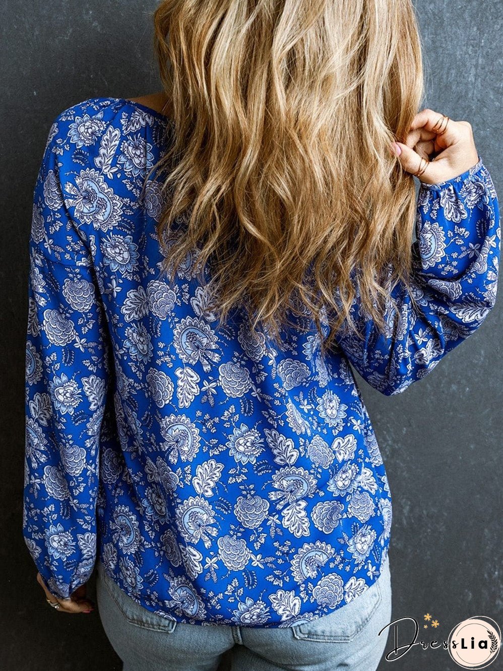 Blue Floral Notched V-Neck Long Sleeve Shift Blouse