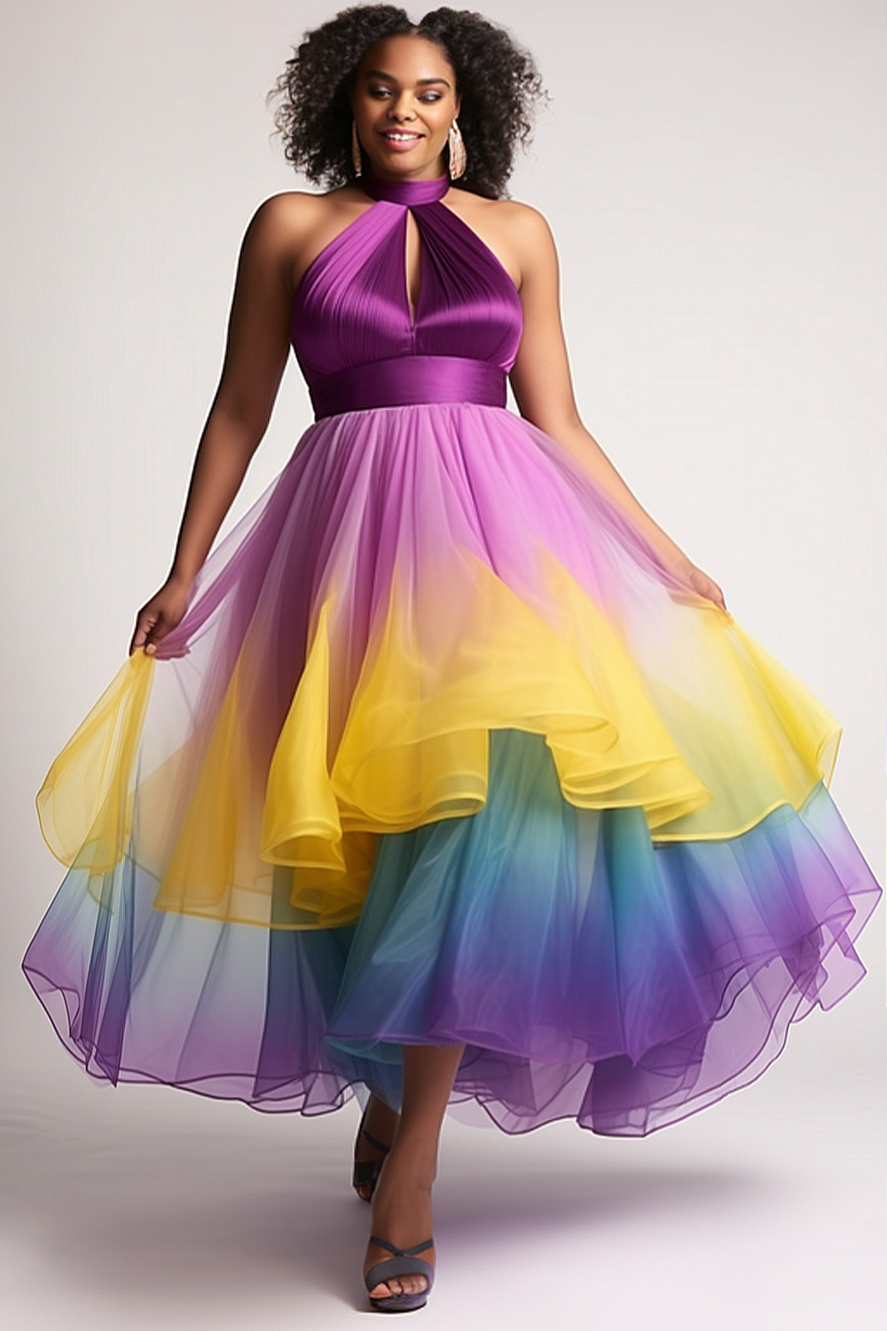 Design Plus Size Semi Formal Elegant Purple Colorblock Halter Collar Cut Out Layered Tulle Maxi Dresses [Pre-Order]