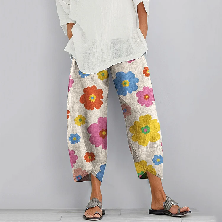 Comstylish Vintage Floral Art Print Casual Pocket Pants