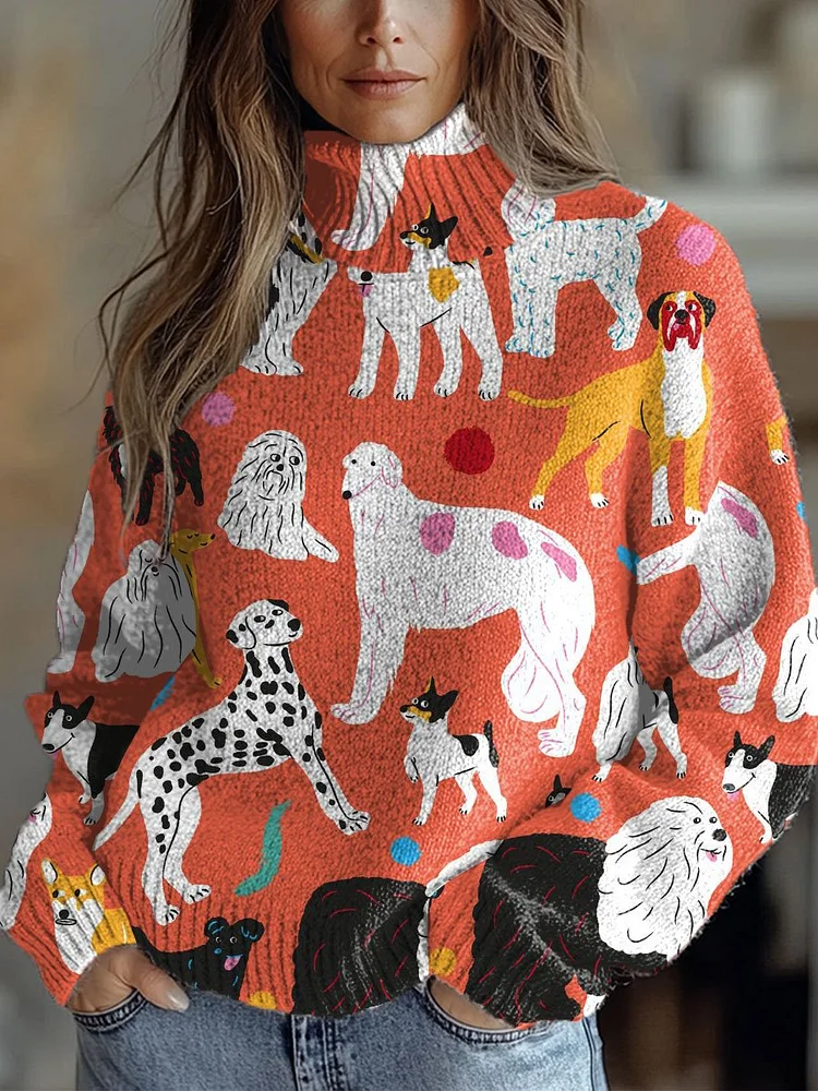Funny Dogs  Art Print Knit Turtleneck Pullover Sweater