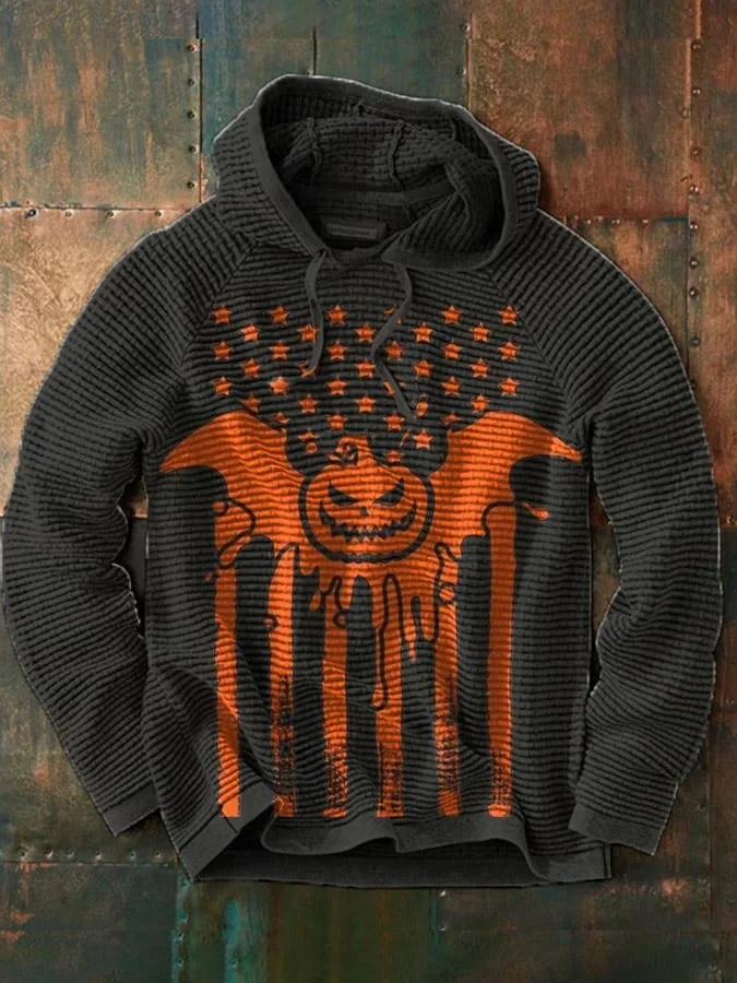 Men's Halloween Pumkin Face Print Casual Hooded Sweatshirt