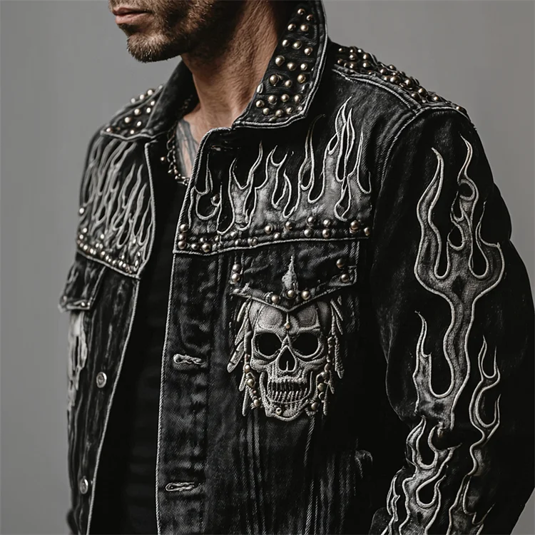 Men's Rock Skull Flame Studded Dark Washed Denim Jacket