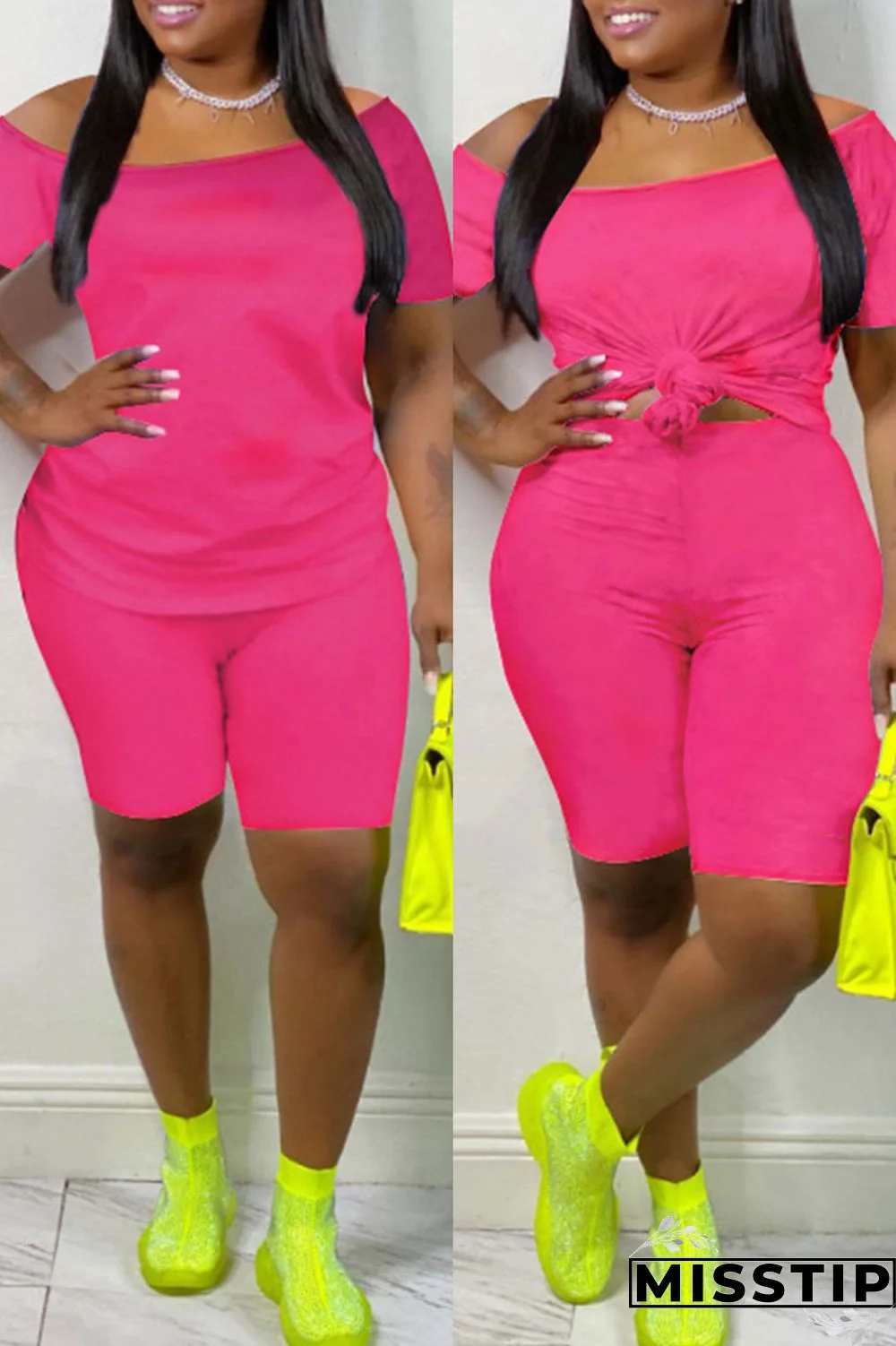 Yellow Fashion Casual Solid Basic Plus Size Two Pieces