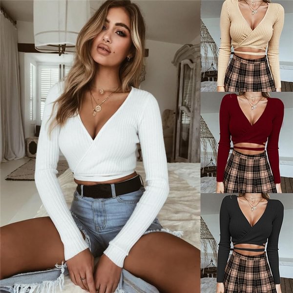 Slim Women Solid Long Sleeve Knitting Hollow Bandages Irregular Casual Autumn Sweater Crop Top - Shop Trendy Women's Clothing | LoverChic