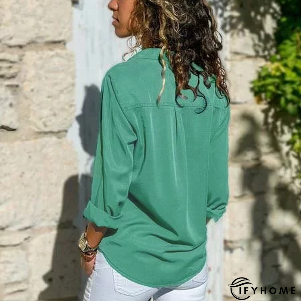 Women Fashion Turn Down Collar Solid  V Neck Long Sleeve Blouse | IFYHOME