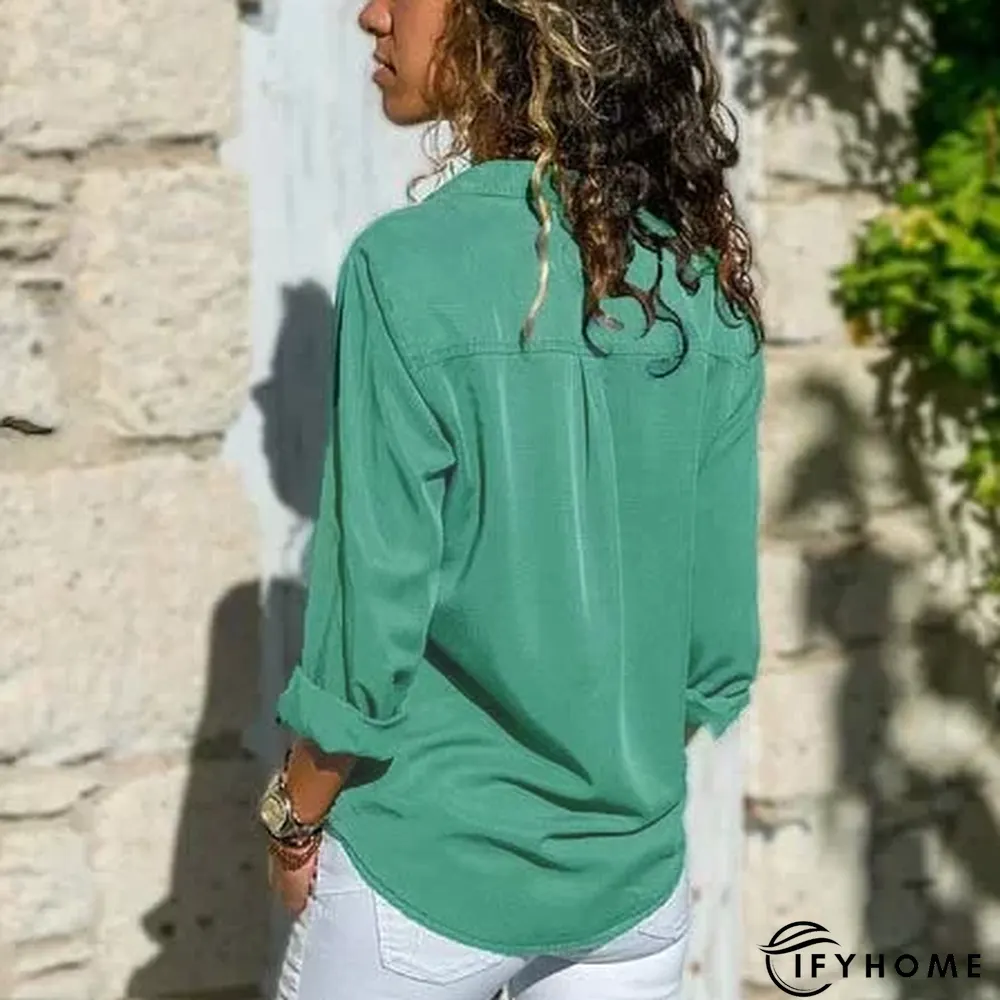Women Fashion Turn Down Collar Solid  V Neck Long Sleeve Blouse | IFYHOME