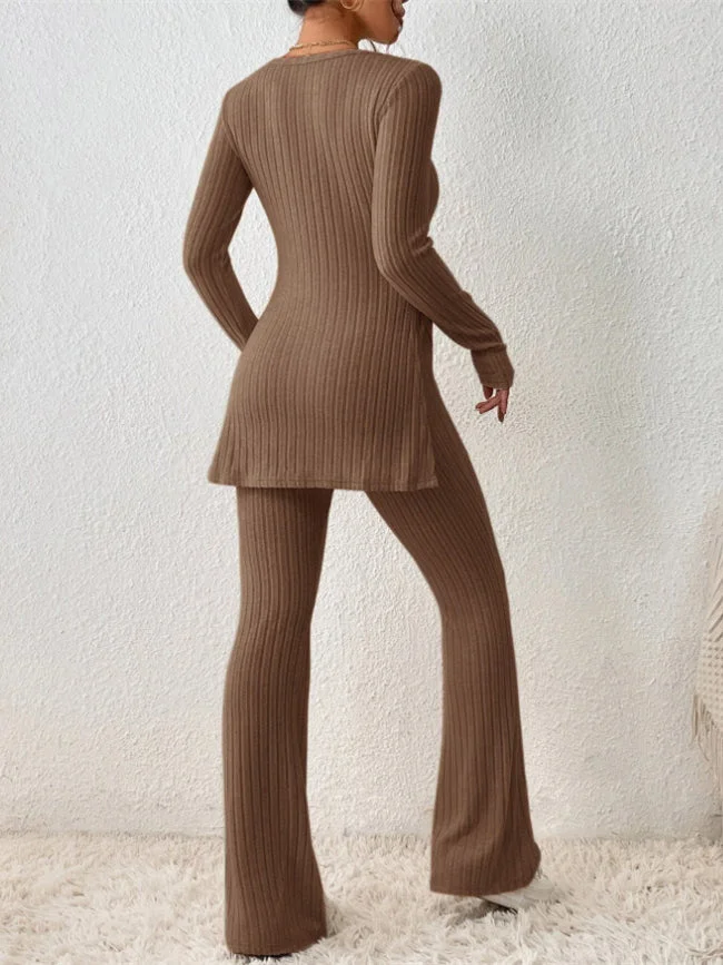 Women's Long Sleeve Scoop Neck Solid Color Two-Piece Set