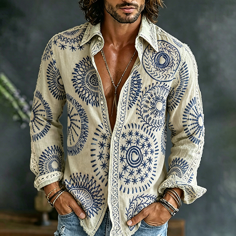 Comstylish Men's Vintage Texture Embroidered Art Print Flowy Linen Blend Shirt