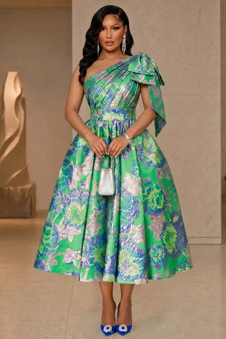 green party midi dress Loragal One Shoulder Bow Floral Print A‐Line Dresses-Green Green-S 1970s sexy dress