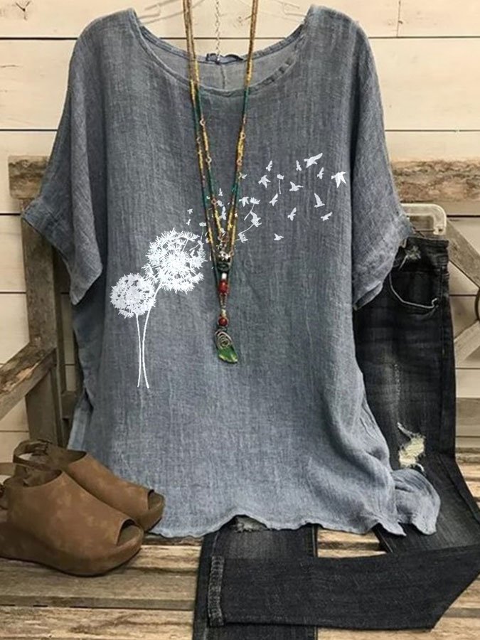 Women's Cotton Linen Dandelion Loose Casual T-Shirt