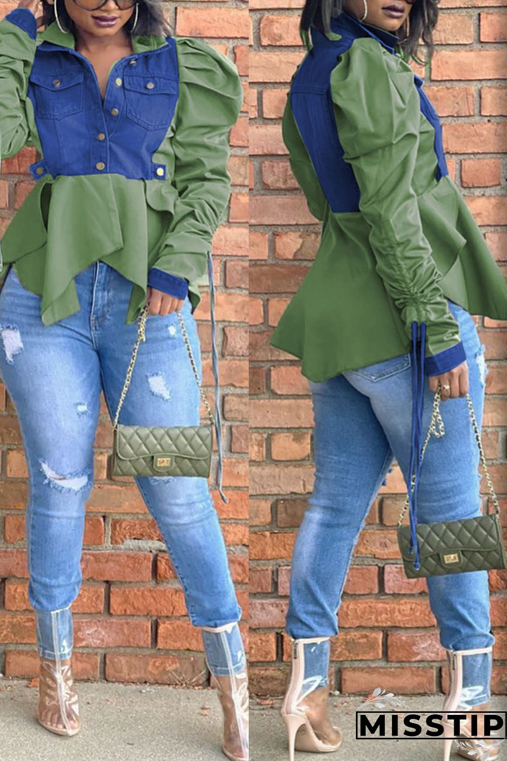 Green Casual Solid Patchwork Buckle Asymmetrical Turndown Collar Long Sleeve Straight