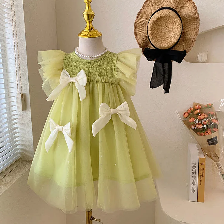 Toddler Girls Bowknot Decor Tulle Princess Dress - Modakawa modakawa