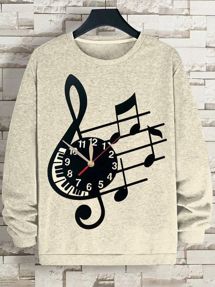 Men's Music Note Reble Clef Wall Clock Print Cotton Casual Sweatshirt