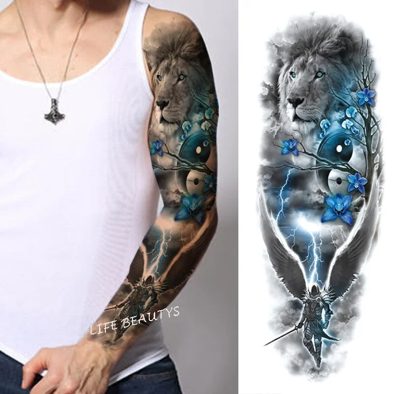 Sdrawing Temporary Full Arm Tattoos Man Women Cool Leg Art Tiger Wolf Black Sleeve Large Fake Sticker Glitter Multiple Style