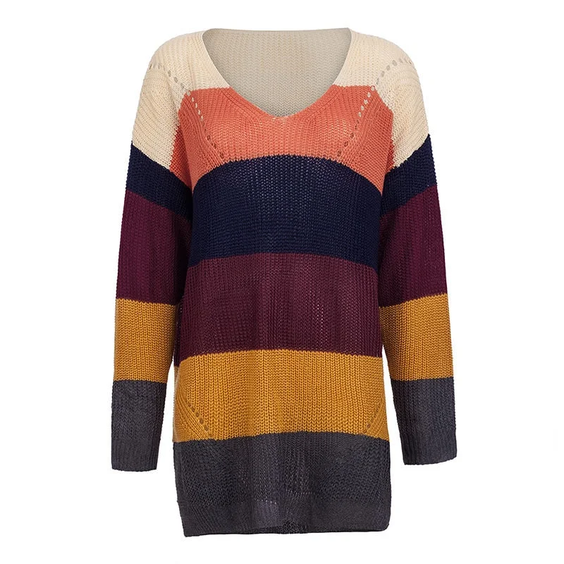 Fitshinling Rainbow Striped Long Sweater Femme Pull V Neck Slim Pullovers Autumn Winter Long Sleeve Sweaters Women Jumpers Sale