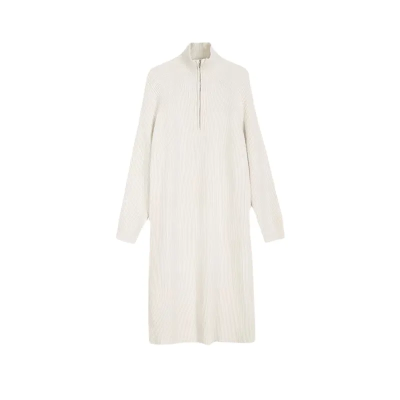 Churchf Churchf Lapel Half Zipper Wool Dress 2024 Autumn And Winter New Style With Loose Casual Long Knit Bottom Shirt Women