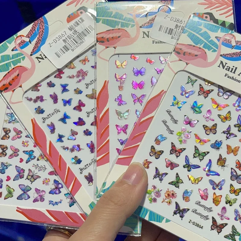 4PCS/Lot Pink Bule Butterfly Nail Stickers 3D Adhesive Transfer DIY Nail Art Decoration Manicure Salon Acrylic Tips Tool WG4365-Nail Inspo