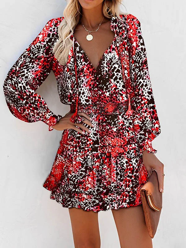 Tied Split-Joint Pleated Leopard Contrast Color Loose Long Sleeves V-Neck Mini Dresses