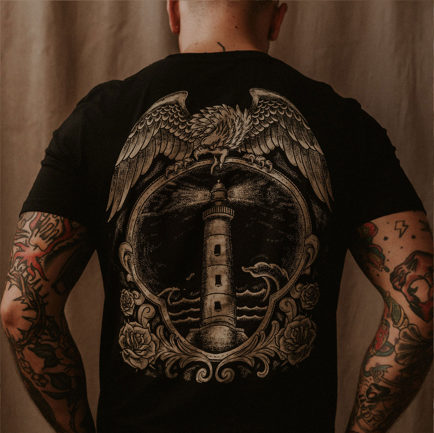 Mirror Rose Eagle Graphic Casual Vintage Style Black Print T-shirt