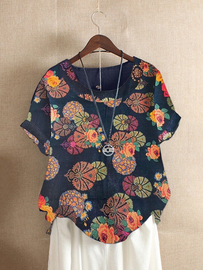 Crew Neck Cotton-Blend Floral Short Sleeve Shirts & Tops