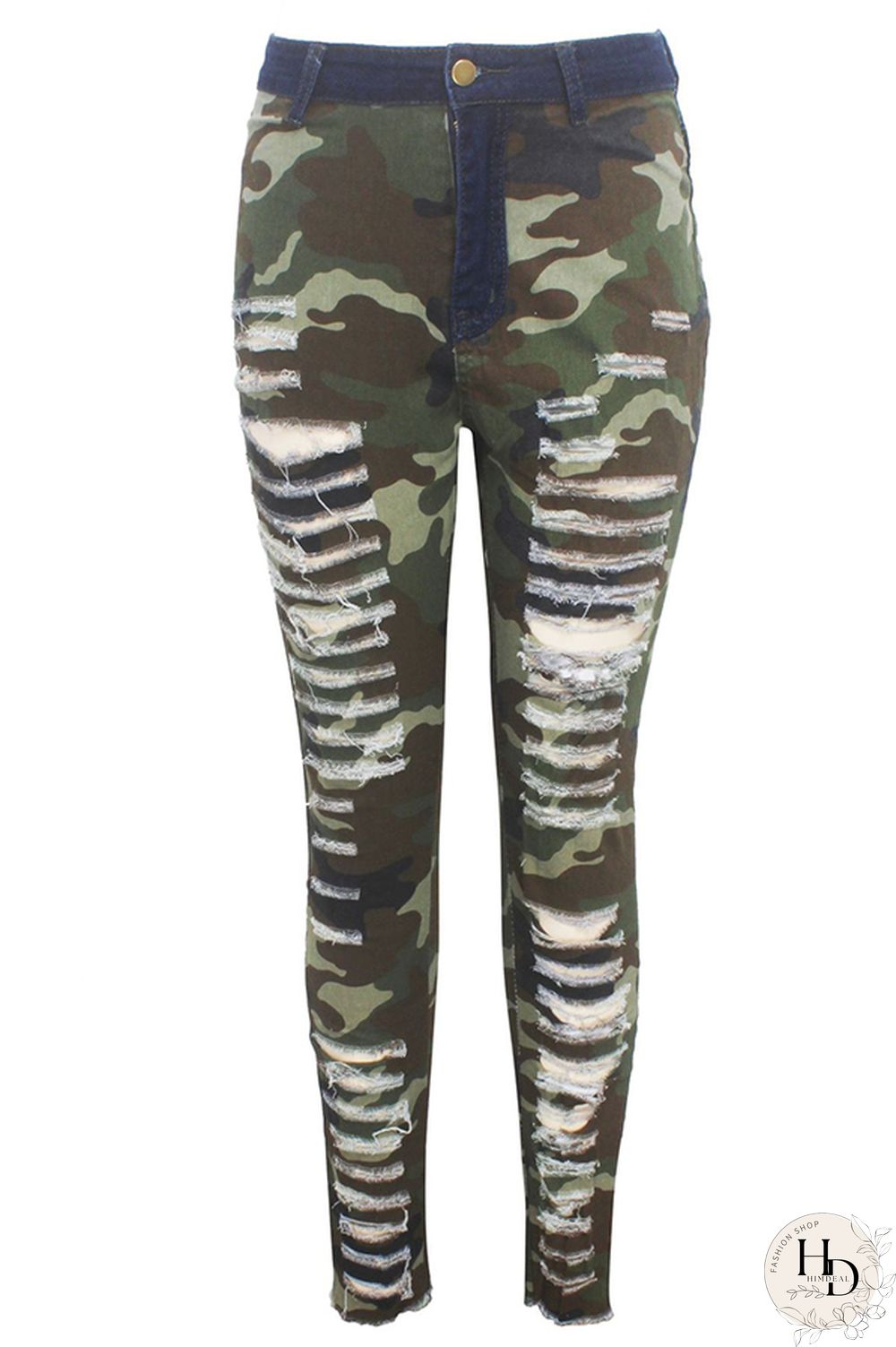 Camouflage Polyester Button Fly Sleeveless High Patchwork camouflage Print Hole pencil Pants