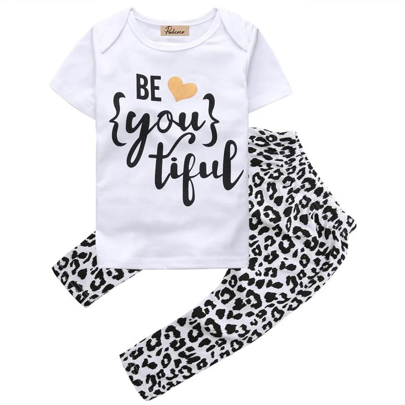 Girls Short Sleeve Be Heart You Tiful Leopard T-Shirt Pants Clothes