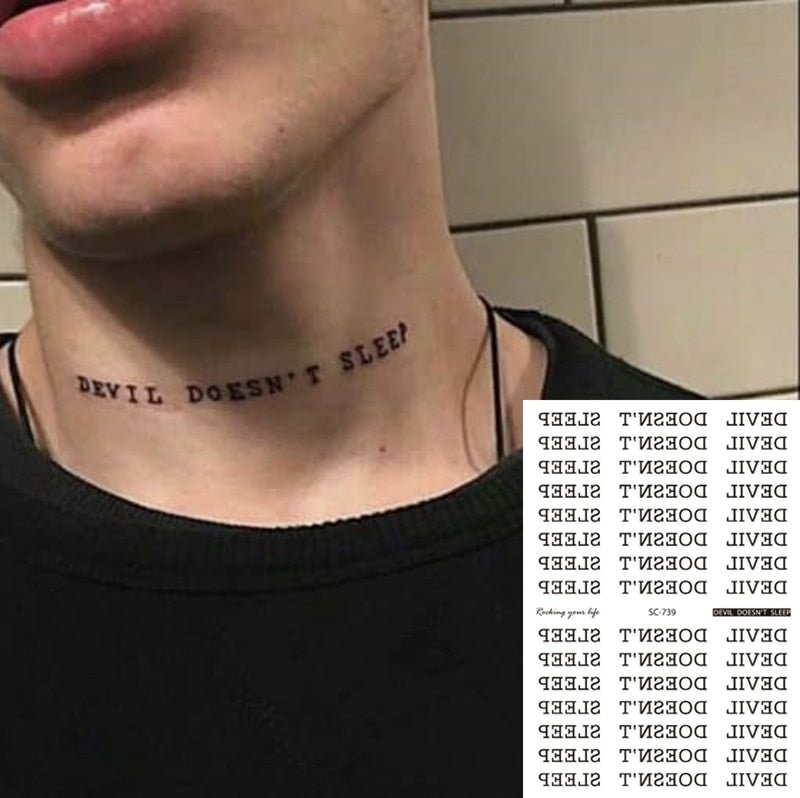 Waterproof Temporary Tattoo Sticker Black Devil Doesn't Sleep English Letters Flash Tattoo Fake Tatto Neck Wrist For Women Men