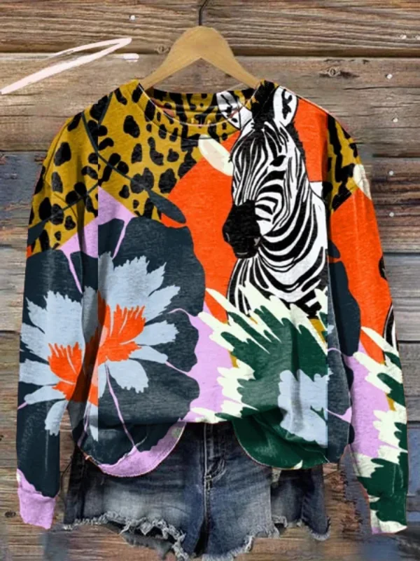 Women's Zebra Animal Print Long Sleeve Crewneck Sweatshirt.