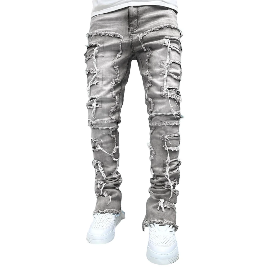 Uveng Uveng Men's New Fashion Trend Sticker Jeans Repair Multi-Color Elastic Micro-Tight Straight Trousers