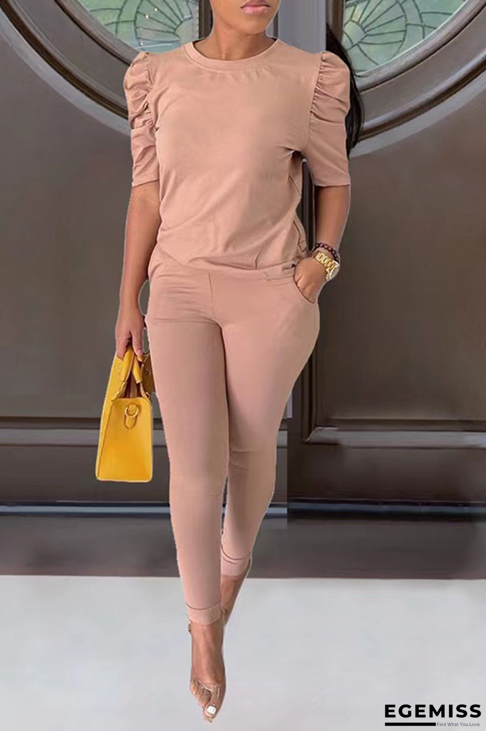 Apricot Casual Solid Patchwork O Neck Half Sleeve Two Pieces | EGEMISS