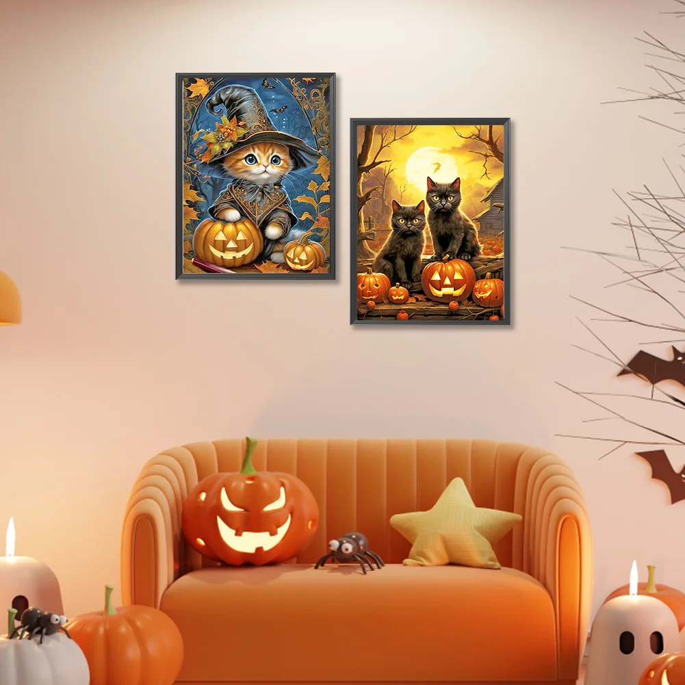 2pcs Diamond Painting - Full Round Drill - Halloween Pumpkin Cat(Canvas|30*40cm)