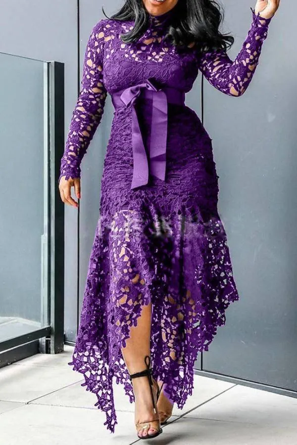 High-neck lace bow tie irregular long skirt