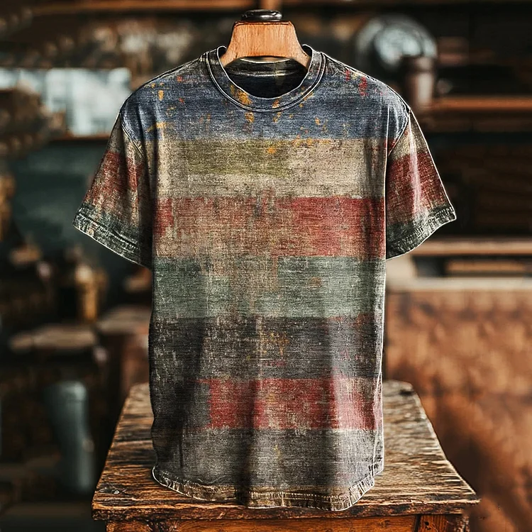 Utbros Unisex Retro Striped Print Distressed Casual Loose Short-sleeved T-shirt