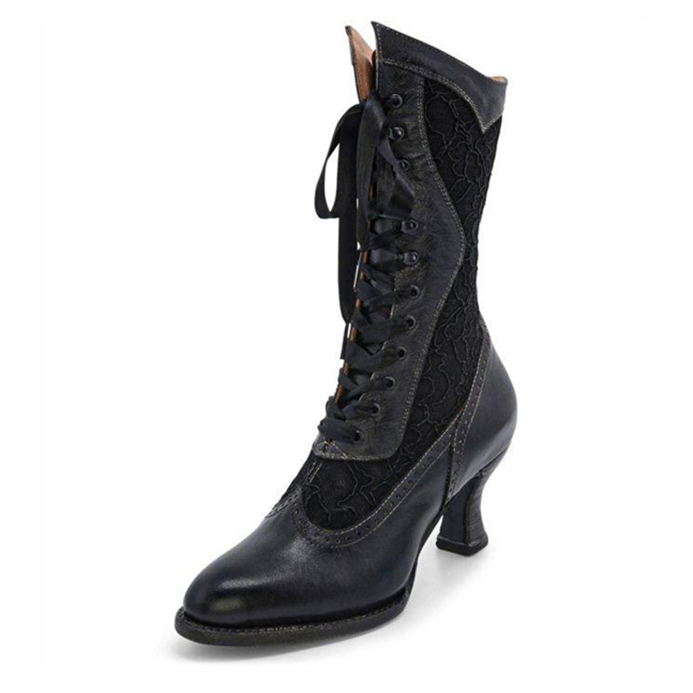 Black Lace Almond Toe Spool Heel Mid Calf Boots for Women with Ribbon Nicepairs