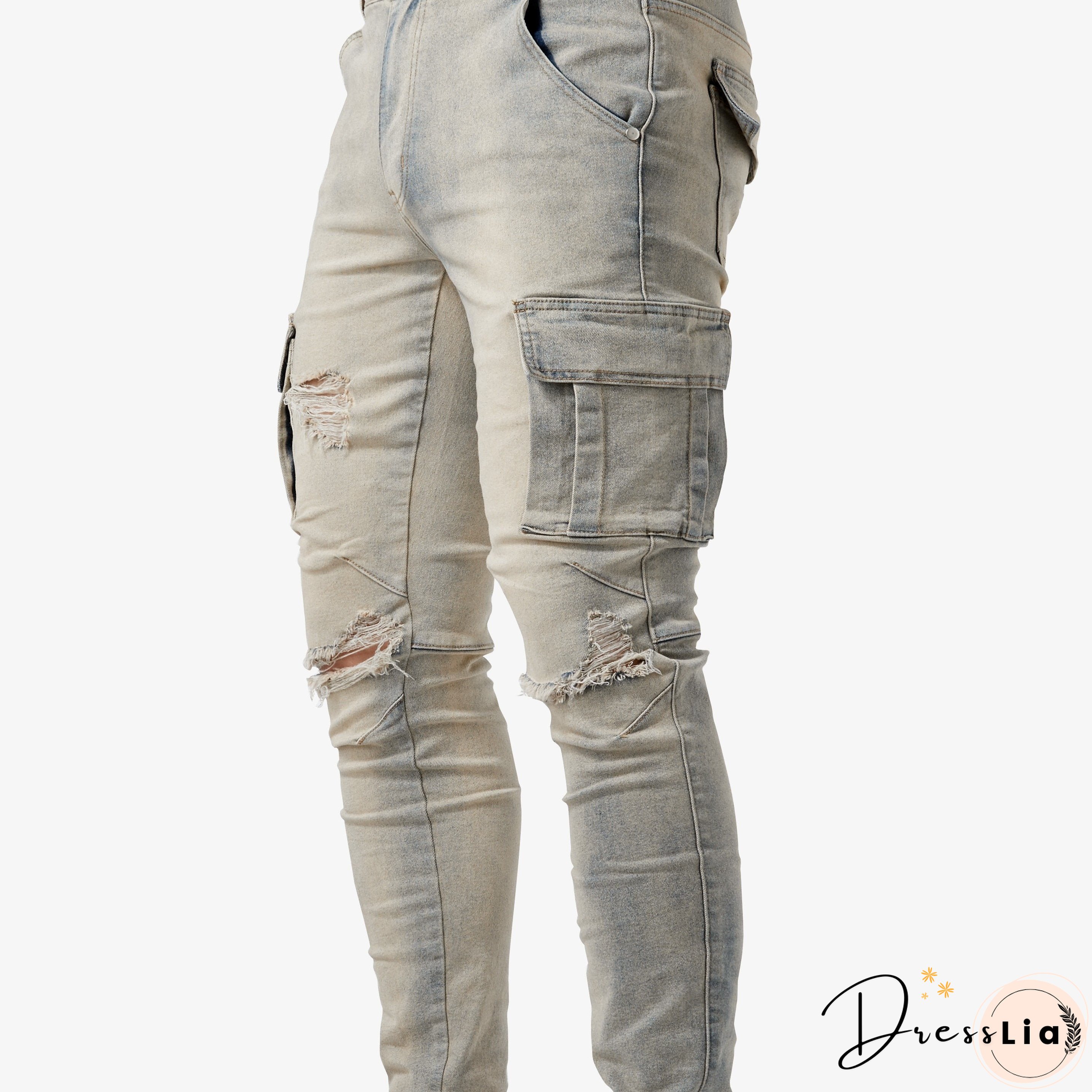 Slim Fit Multi Pocket Jeans, Men's Casual Street Style High Stretch Denim Cargo Pants