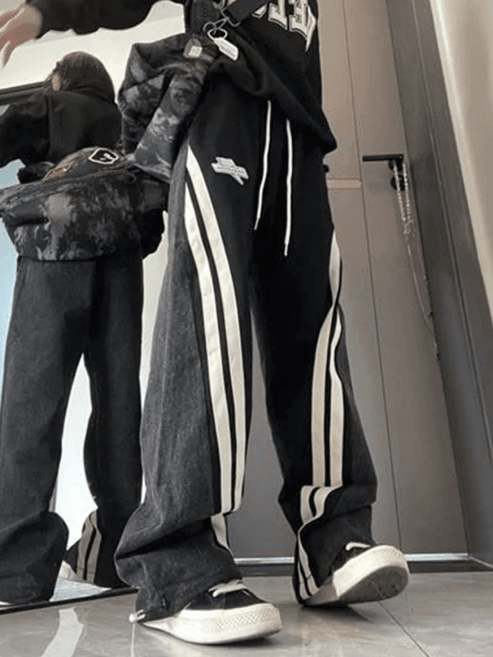 Brownm Patchwork Striped Baggy Boyfriend Jeans