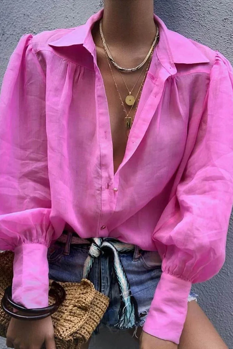 Solid Lantern Sleeve Casual Shirt