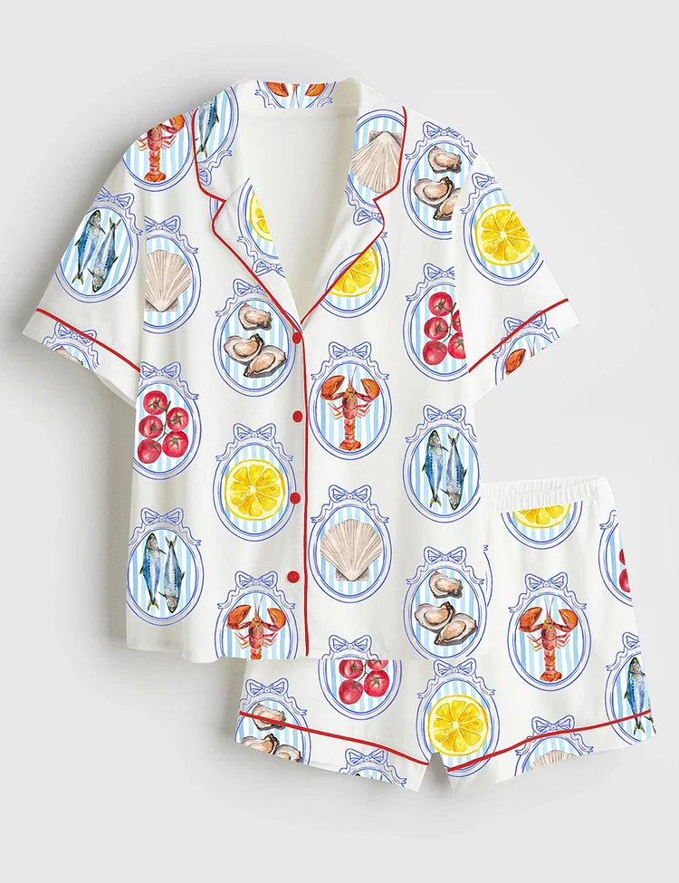 Women&rsquo;s Trendy Summer Beach SeaShell Coastal Aesthetic Tomato Girl Oyster Bachelorette Short Sleeve Satin Pajama Set