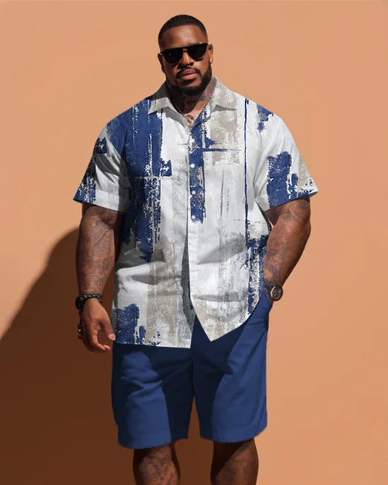 Men's Plus Size Simple Art Stroke Pattern Short Sleeve Shirt Shorts Suit