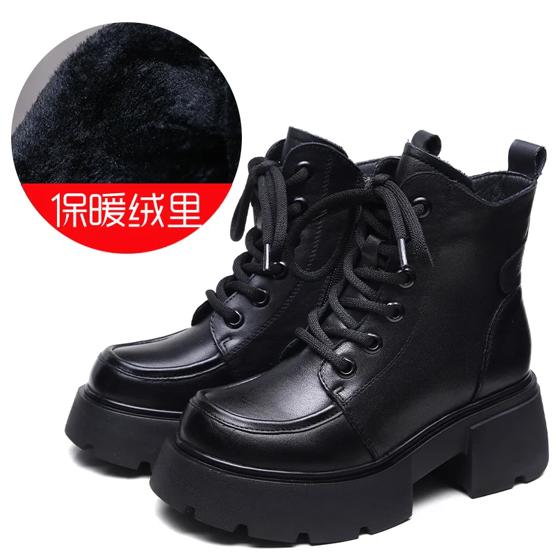 Yyvonne Layer Of Cow Skin English Wind Martin Boots 2025 Autumn And Winter New Round Head Thick Bottom Increase Plus Velvet Warm Short Boots