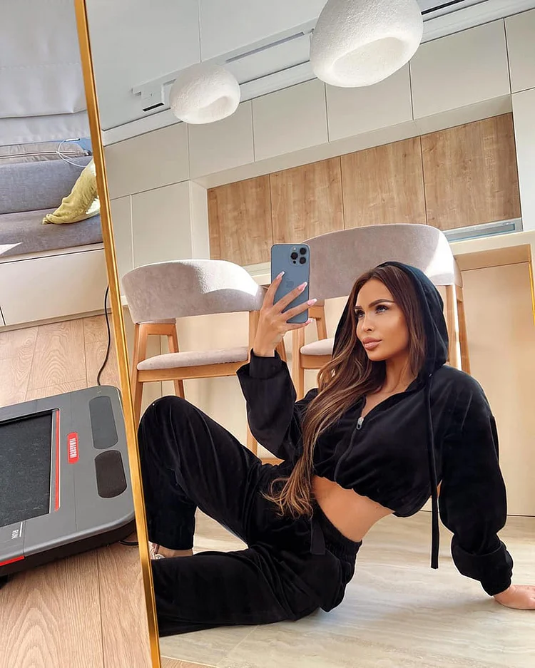 PASUXI Long Sleeve Zipper Hoodie Elastic Trousers Two Piece Casual Set huanwei