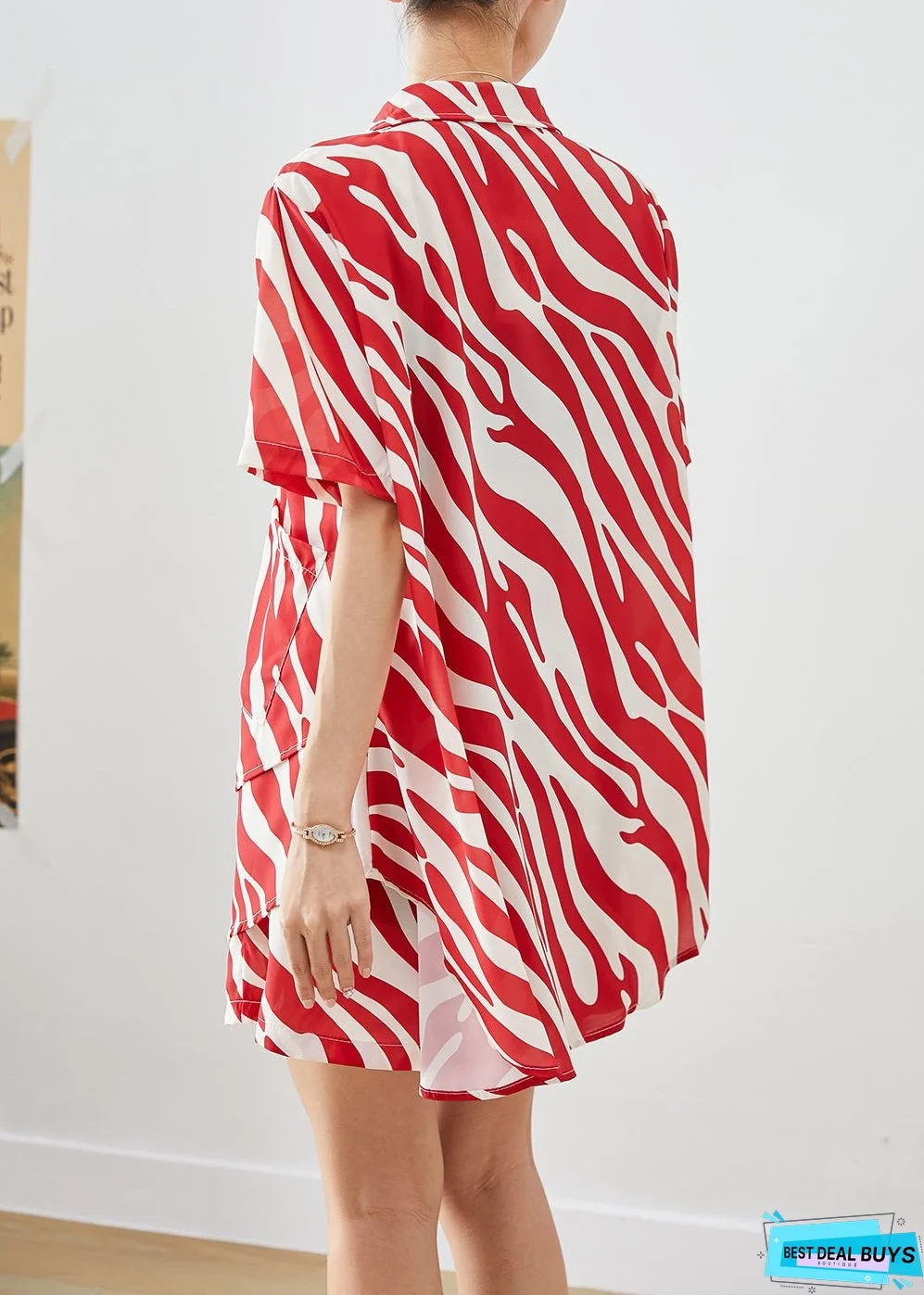 Red Striped Patchwork Spandex Two Piece Suit Set Oversized Summer