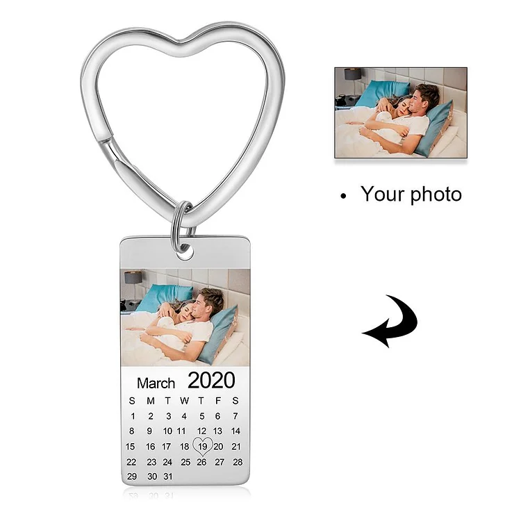 Heart Photo Keychain Personalized with Calendar and Engraved Pendant