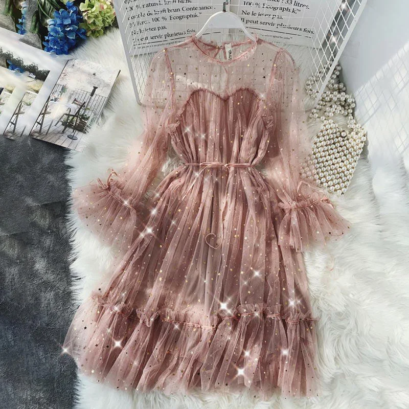 NEEDBO Sexy Dress Vestidos Star Sequined Mesh Shiny Fairy Dress Women Elegant Bling Gauze Princess Loose A-line Puff Dresses Rob